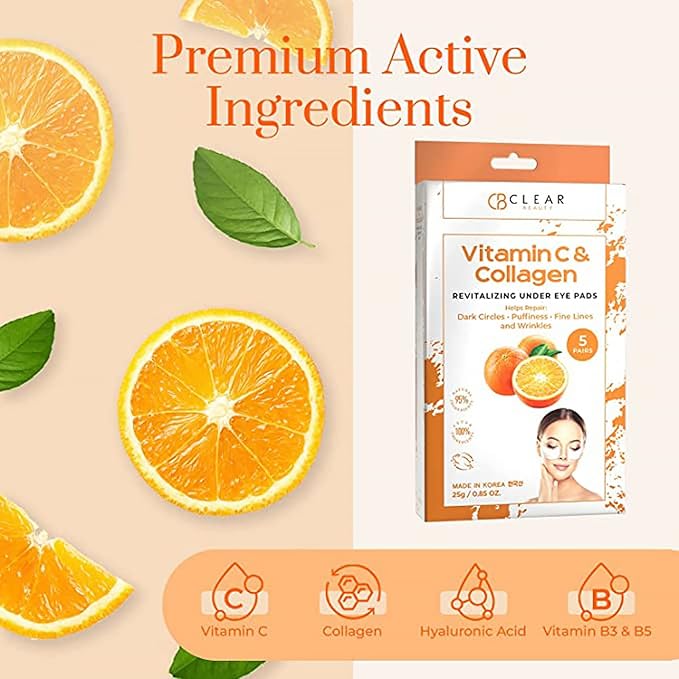 Clear Beauty Vitamin C & Collagen Under Eye Patches – Reduces Dark Circles, Puffiness & Fine Lines – Hydrating & Firming Eye Pads – Dermatologist Tested, Korean Skin Care, Vegan Clean Beauty – 5 Pack