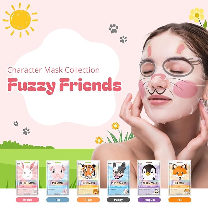 Epielle Character Face Mask Fuzzy Friends 12 Pack, Fun & Effective Korean Skin Care, Spa Party Favors, Stocking Stuffers, Birthday Gifts for Women, Self Care Gifts
