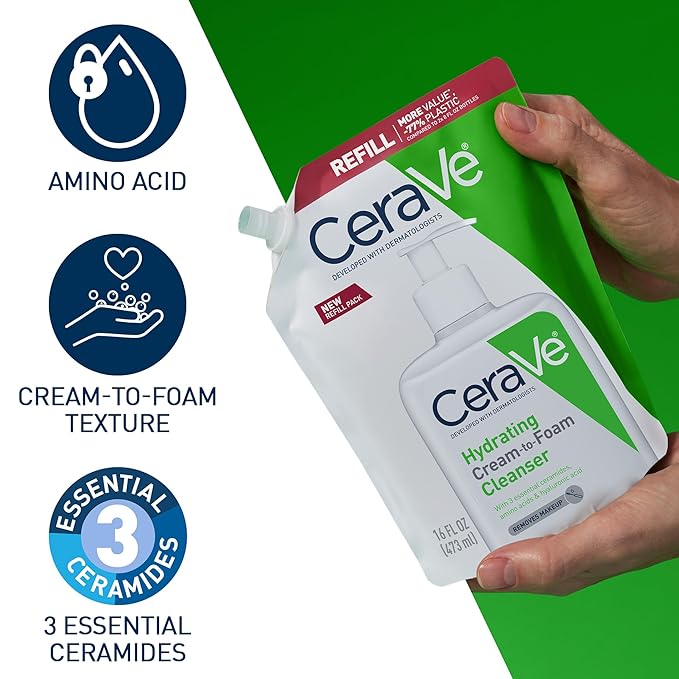 CeraVe Hydrating Cream To Foam Cleanser, Makeup Remover Face Wash For Dry Skin, Foaming Facial Cleanser With Hyaluronic Acid, Normal To Dry Skin, Fragrance Free & Non Comedogenic, 16 Ounce Refill