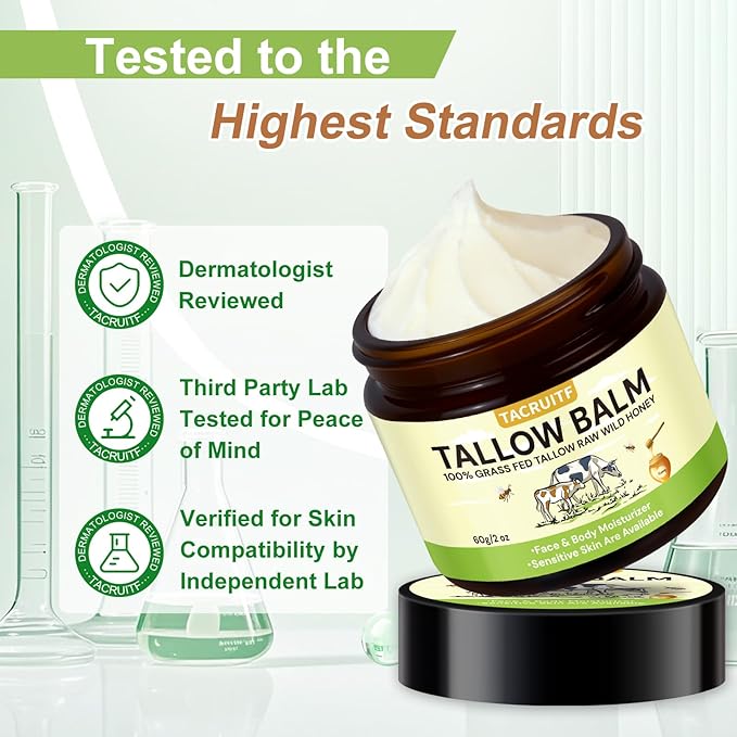 Organic Grass-Fed Beef Tallow & Raw Honey Balm – Handmade Whipped Moisturizer for Face & Body, Soothes Eczema, Rosacea, Dry & Sensitive Skin – Unscented, All-Natural, Chemical-Free (6 Packs / 12oz)