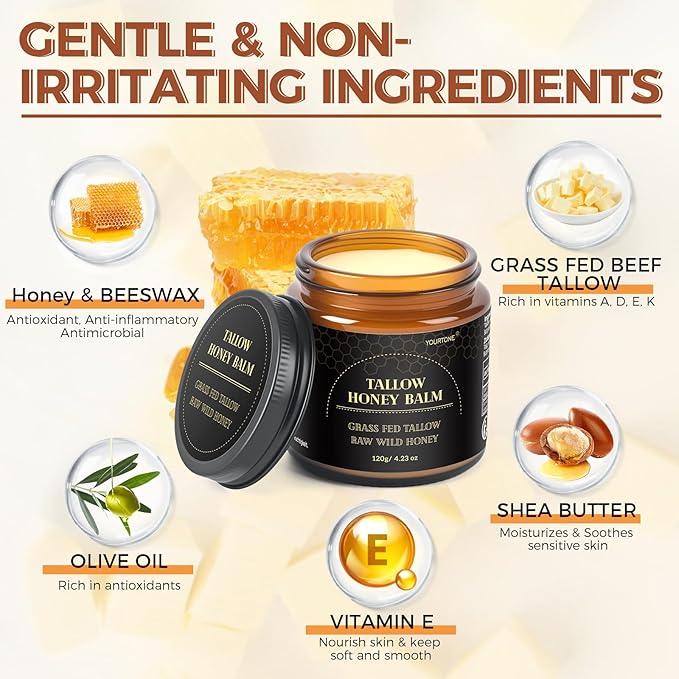 Beef Tallow for Skin, Tallow and Honey Balm for Face, Grass-fed Beef Tallow Face Moisturizer for Deep Nourish and Soothe Dry Skin (4.23oz/120g)