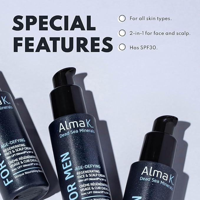 Alma K Age Defying Regenerating Face and Scalp Cream With SPF 30 - Daily Moisturizer for Men - 2 oz