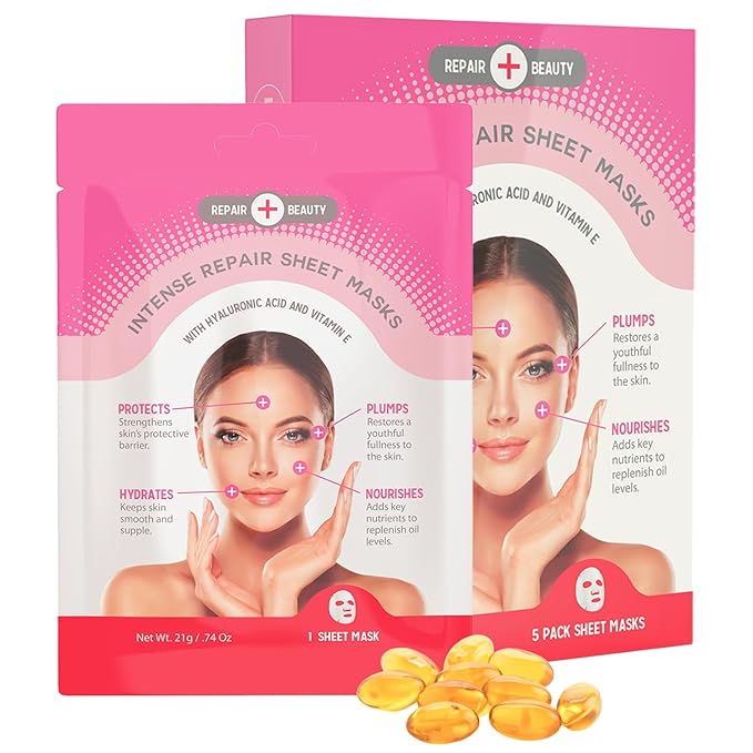 Hyaluronic Acid & Vitamin E Sheet Face Mask - Plumps & Moisturizes Skin, Reduces Wrinkles & Fine Lines, Hydrating Sheet Mask - Cruelty Free Korean Skin Care For All Skin Types - 5 Masks