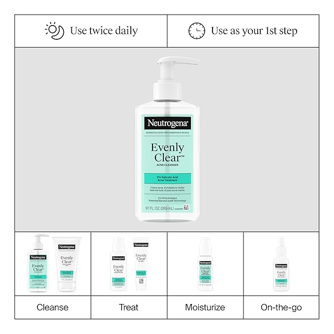 Neutrogena Evenly Clear Acne Cleanser with 2% Salicylic Acid & 2% PHA Exfoliant, Gentle Foaming Face Wash Clears Clogged Pores & Blackheads While Visibly Fading Look of Post-Acne Marks, 9.1 fl. oz
