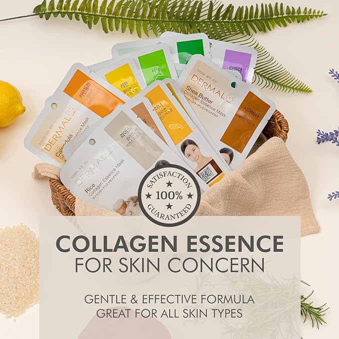 DERMAL 12 Combo Pack Collagen Essence Korean Face Mask Best Value Set - Hydrating & Soothing Facial Mask with Panthenol - Hypoallergenic Sheet Mask for All Skin Types - Natural Home Spa Treatment Mask