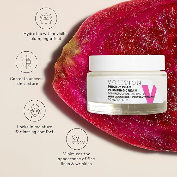 Volition Beauty Prickly Pear Plumping Cream with Ceramides + Polyglutamic Acid | Rich Moisturizer for Dry, Mature Skin | Hydrates, Minimizes Lines & Wrinkles | Reinforces Barrier Function