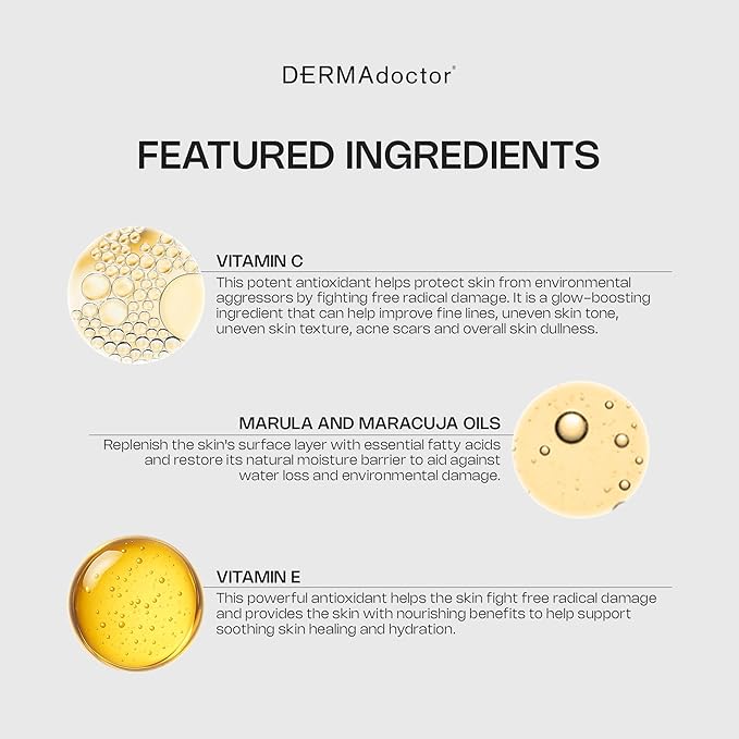DERMAdoctor Vitamin C Oil for Face – Night Toner, Hydrating 20% Vitamin C Face Oil for Women Anti Aging with Vitamin E, Ferulic Acid & Marula Oils, Dermatologist Formulated, 1 Oz