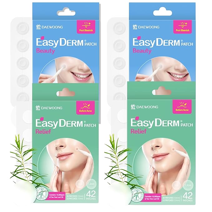 EasyDerm Pimple Patch Duo Bundle – 168 Patches (4 Counts) | Beauty Hydrocolloid Patch + Relief Invisible Patch Tea Tree Oil for Zit, Blemish, Breakout Care, Under Make up Pimple Patch