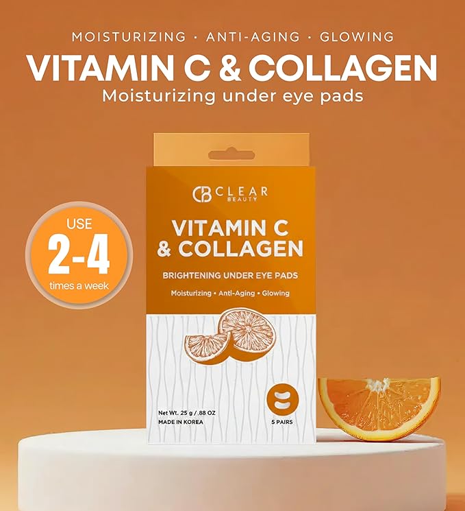 Clear Beauty Vitamin C & Collagen Under Eye Patches – Firming & Hydrating Eye Pads For Dark Circles & Puffiness – Dermatologist Tested, Anti-Aging Korean Skin Care – Clean Beauty, Non-GMO – 5 Pairs