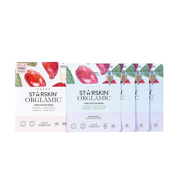 STARSKIN Orglamic Pink Cactus 2-Step Sheet Mask 4x25g, Hydrating & Firming Face Mask for all Skin Types, Revitalizing and Nourishing with Tumeric and Camellia Oil, K Beauty Skincare