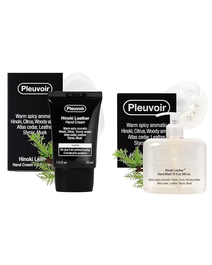 Pleuvoir Hinoki Leather: Hand Cream & Hand Wash Set | Japanese Cypress Cedar Musk Woody Scent | Non-Sticky Hydrating Vegan K-Beauty | 1oz + 10 fl.oz