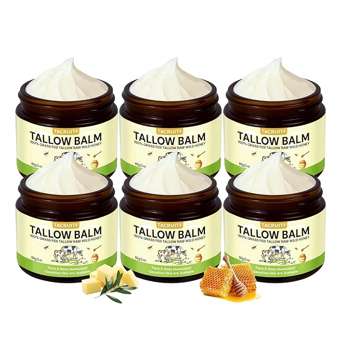 Organic Grass-Fed Beef Tallow & Raw Honey Balm – Handmade Whipped Moisturizer for Face & Body, Soothes Eczema, Rosacea, Dry & Sensitive Skin – Unscented, All-Natural, Chemical-Free (6 Packs / 12oz)