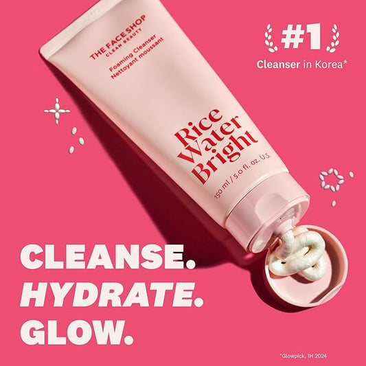 The Face Shop Rice Water Bright Foaming Facial Cleanser with Ceramide, Gentle Face Wash for Hydrating & Moisturizing, Vegan Face Cleanser, Makeup Remover, Korean Skin Care for All Skin Types, 300ml