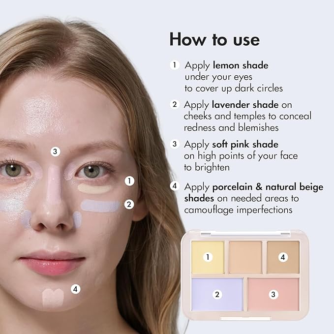 LUNA Conceal Blender Palette 02 Pure Cover 5-in-1 Color Correcting and Concealing with Lemon, Lavender Fog, Porcelain, Natural Beige and Soft Pink, Suitable for Cool and Bright Tones