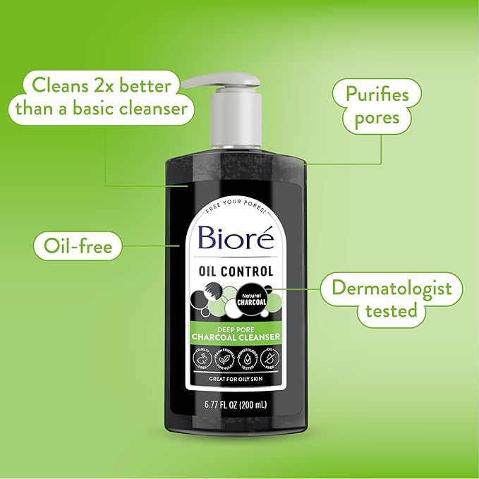 Biore Deep Pore Charcoal Face Wash, Daily Facial Cleanser for Dirt & Makeup Removal, for Oily Skin, 6.77 Oz, Pack of 3