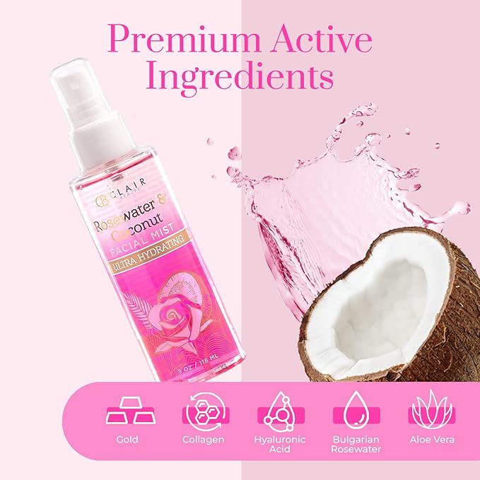 Clear Beauty Rosewater & Coconut Face Mist - Refresh and Soothe Tired & Dry Skin, Instant Moisturing & Hydrating Facial Mist Spray - Cruelty Free Korean Skin Care For All Skin Types