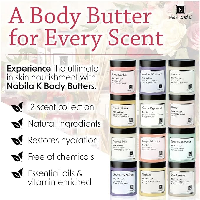 Nabila K Body Butter - Daily Moisturizer for Body Care - Skin Hydrating Deep Moisturizing - Natural Ingredients - Vanilla & Peppermint - 9 oz