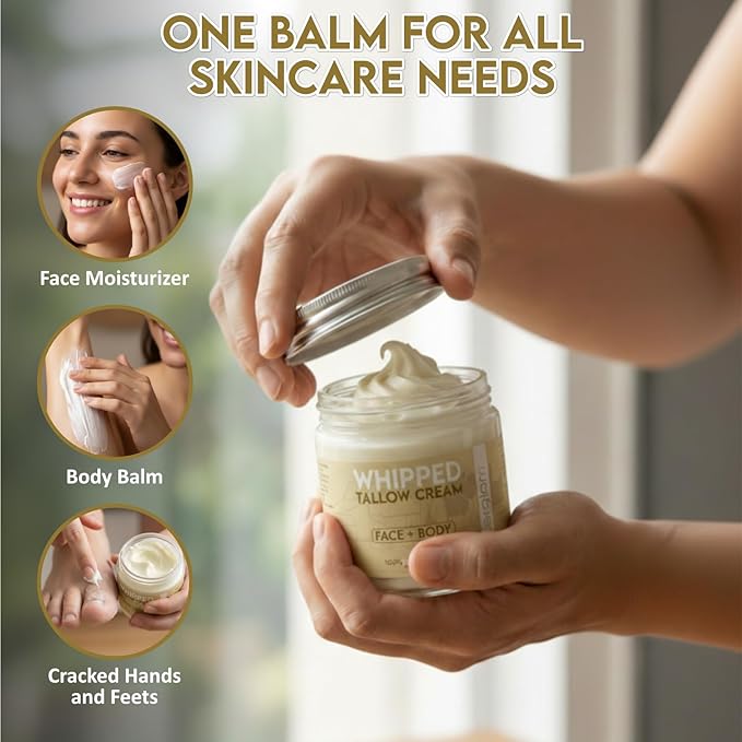 Beef Tallow for Skin, Whipped Beef Tallow Balm for Face & Body with Shea Butter, Grass Fed Beef Tallow for Eczema, Dry Sensitive Skin and Rosacea 4 Oz (Unscented)