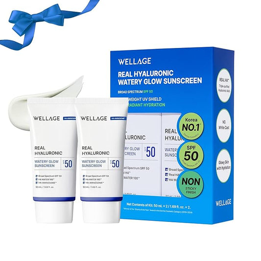 WELLAGE Real Hyaluronic Watery Glow Sunscreen Double Set SPF50 - Broad Spectrum UV Protection with 6 Types Hyaluronic Acid - No White Cast, Makeup Base - K-Beauty Face Sunscreen, 1.69 fl.oz x 2 Pack