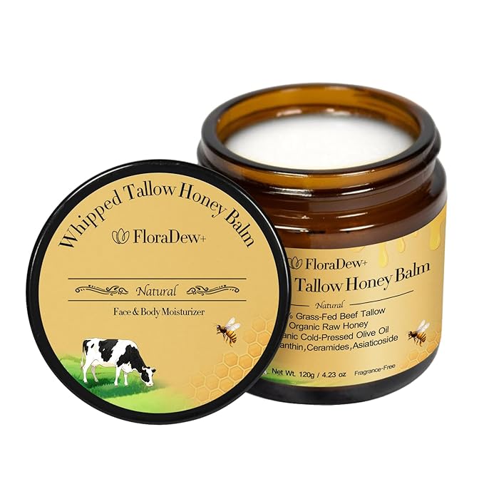 Tallow and Honey Balm - Organic Grass-Fed Beef Tallow for Skin - Moisturizer Deep Hydration for Body with Beef Tallow & Raw Honey & Infused Olive Oil 4.23 FL OZ (Uncented)