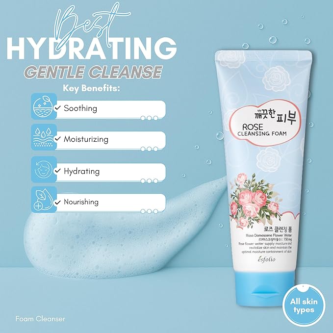 esfolio Rose Cleansing Foam – Gentle Daily Face Cleanser with Soothing Rose Extract for Hydrating and Refreshing Skin, Removes Dirt and Excess Oil, Suitable for All Skin Types (5.29oz -150g)