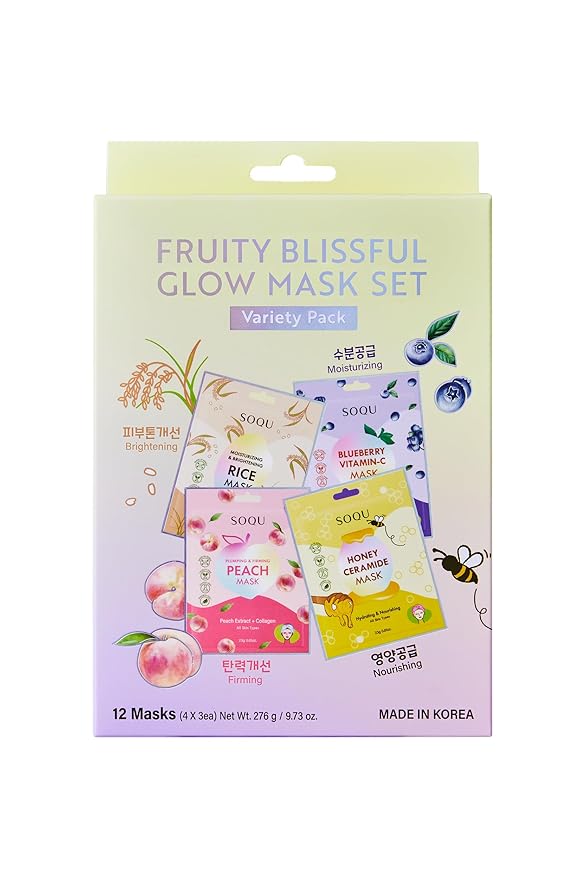 SOQU Fruity Blissful Glow Mask 0.81 oz x 12 Pack– Daily K-Beauty Skincare, Moisturizing, Nourishing Facial Sheet Mask (Peach, Rice, Blueberry, Honey)