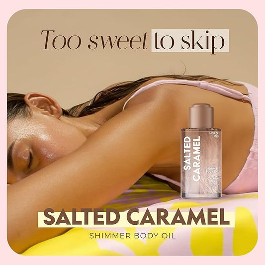 Hello You Jojoba Oil & Collagen Shimmer Body Oil – Dermatologist Tested, Anti Aging, Korean Skin Care – Firming Glow, Hydrating Moisturizer with Salted Caramel Scent – Vegan Clean Beauty – 3.38 Fl Oz