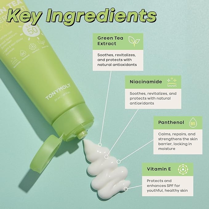 TONYMOLY Green Tea Korean Sunscreen SPF 50 – Non-Greasy Broad Spectrum Face Sunscreen with Niacinamide, Panthenol & Hyaluronic Acid, Travel Size 50ml