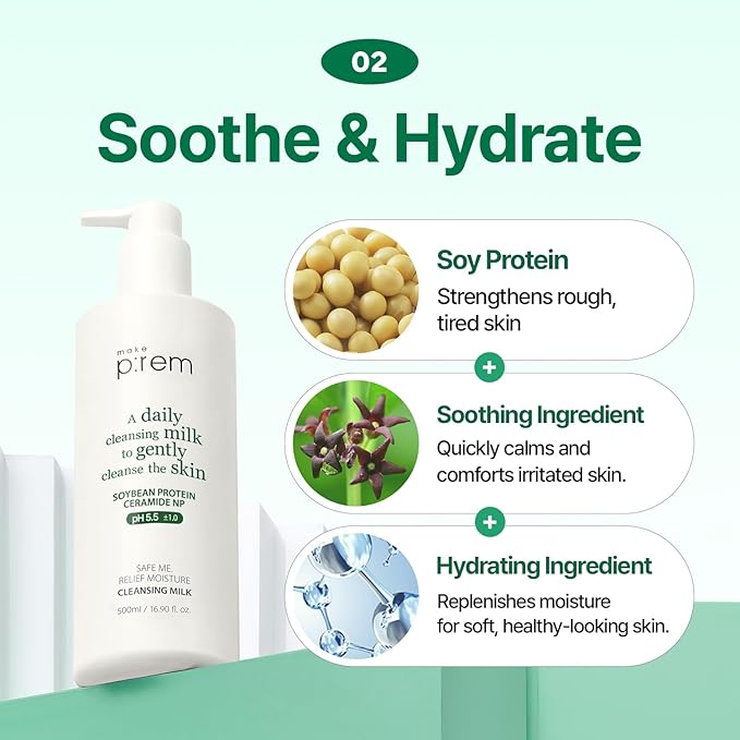 MAKE P:REM Safe Me. Relief Moisture Cleansing Milk, Hydrating Gentle Face Wash for Sensitive Skin with Soy Protein, Korean Milky Cleanser, Korean Skin Care, 16.90 fl.oz (500ml)
