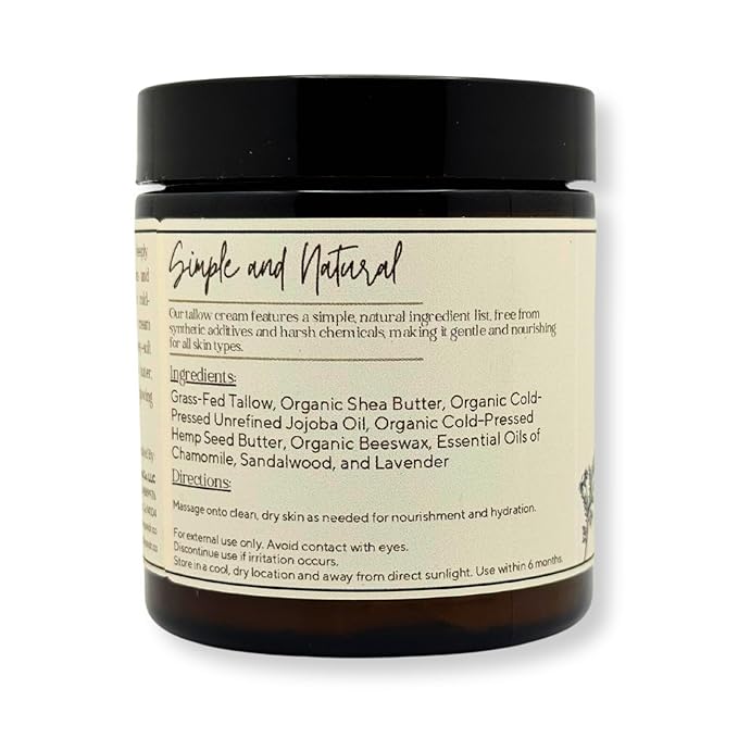 Tallow & Hemp Body Butter – Whipped Grass‑Fed Tallow + Hemp Seed Butter – Calming Chamomile/Sandalwood/Lavender – Deep Hydration for Dry & Sensitive Skin (4 oz)