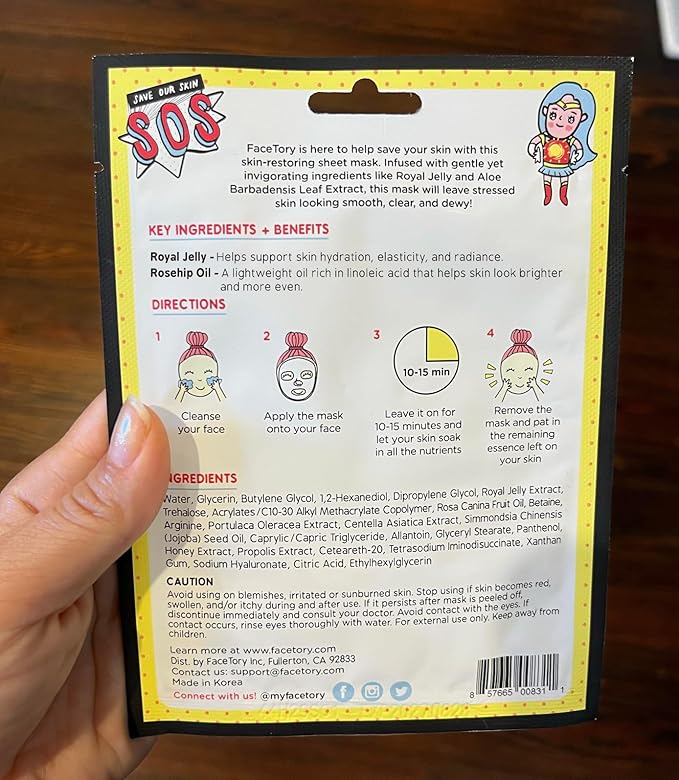 FACETORY K Beauty Face Mask Skin Care - SOS SAVE OUR SKIN RESTORING Sheet Mask with Royal Jelly & Aloe | Calm Appearance, Dewy Skin (5 Pack)