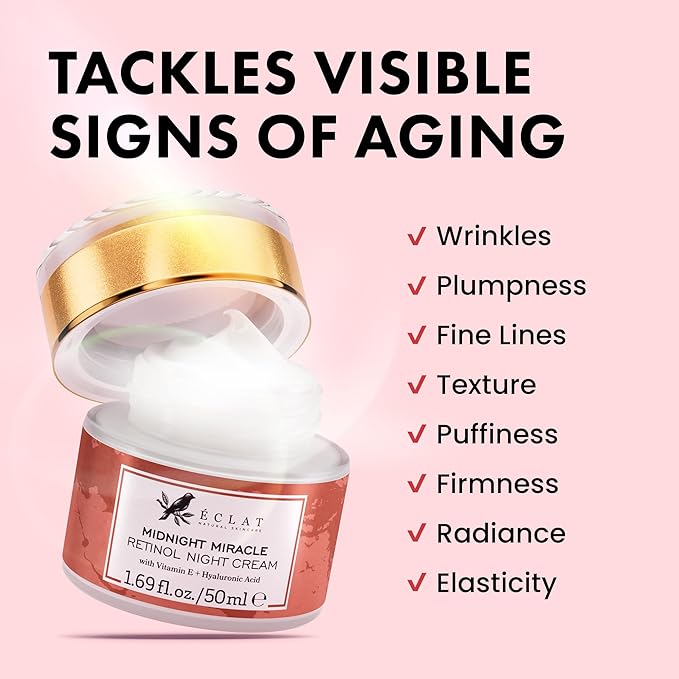 Eclat Skincare Retinol Night Cream – Renewing Retinol Cream for Face with Hyaluronic Acid – Anti Aging to Smooth Wrinkles & Fine Lines - Firming & Hydrating Face Moisturizer for Women & Men 50 ml