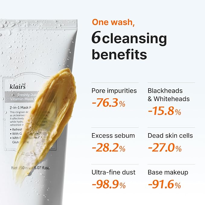 DearKlairs Freshly Juiced Vitamin Clay Mask Cleanser, Deep Pore Wash, Clear Radiant Skin, Tangerine Peel Powder, PHA, Niacinamide, 5.07 Fl Oz (Pack of 1)