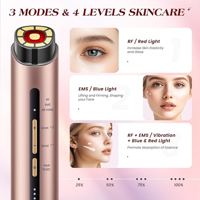 INTEO Microcurren Facial Device, 3 Modes Red Light Therapy for Face and Neck, Skin Care Facial Massager Perfect Gifts for Women Men(Gold)