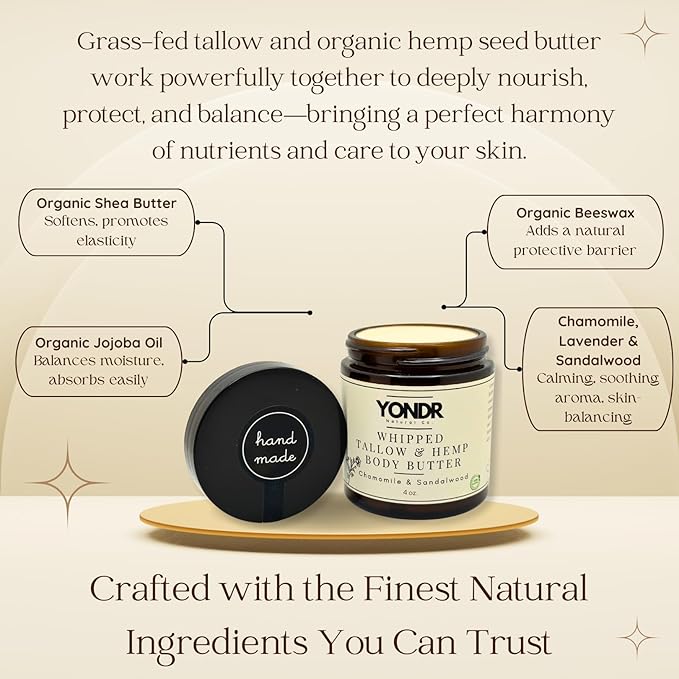 Tallow & Hemp Body Butter – Whipped Grass‑Fed Tallow + Hemp Seed Butter – Calming Chamomile/Sandalwood/Lavender – Deep Hydration for Dry & Sensitive Skin (4 oz)