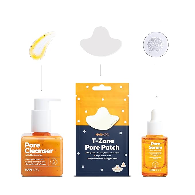 Hanhoo Pore Collection, Pore Cleanser 6.76 Fl. Oz., Pore Serum 1 Fl. Oz., T-Zone Pore Patch 8 Ct, with Niacinamide and Salicylic Acid, Pore Patches, Clarifies Clogged Pores, Korean Skincare