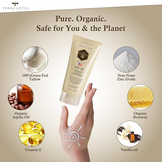 Organic Tallow Sunscreen - 50 SPF - For Face and Body - With 100% Grass-Fed Tallow and Non-Nano Zinc Oxide Reef Safe - (5 Oz)