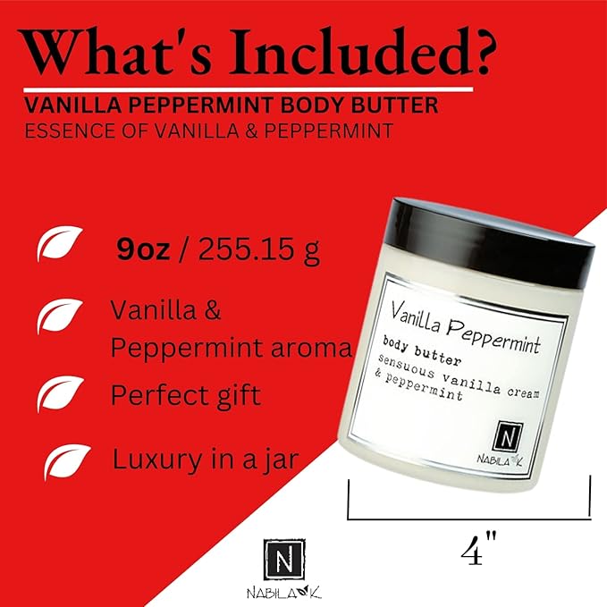 Nabila K Body Butter - Daily Moisturizer for Body Care - Skin Hydrating Deep Moisturizing - Natural Ingredients - Vanilla & Peppermint - 9 oz