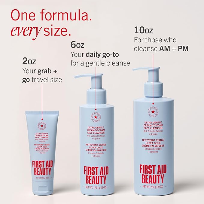 First Aid Beauty Ultra Gentle Cream-to-Foam Facial Cleanser – Makeup Removing Face Cleanser - Face Wash with Colloidal Oatmeal & Glycerin, for Sensitive, Acne & Blemish-Prone Skin, 2 oz