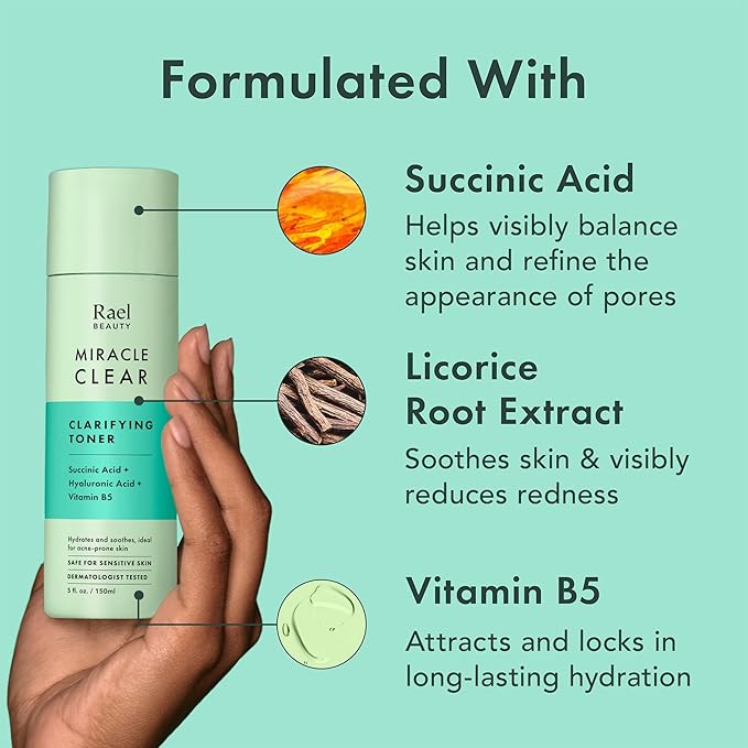 Rael Toner for Face, Miracle Clear – Daily Toner with Succinic Acid, Vitamin B5, Hydration, Korean Skin Care (5.1 oz)