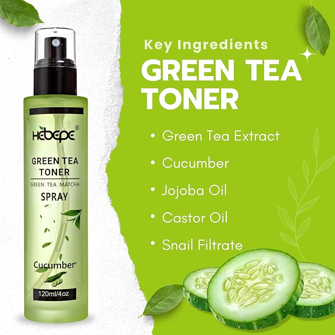 Green Tea Face Mist with Cucumber, Matcha Facial Toner Spray Hyaluronic Acid for All Skin, Hydrating Soothing Reduces Redness Cooling After-Sun for Women Men, Alcohol-Free