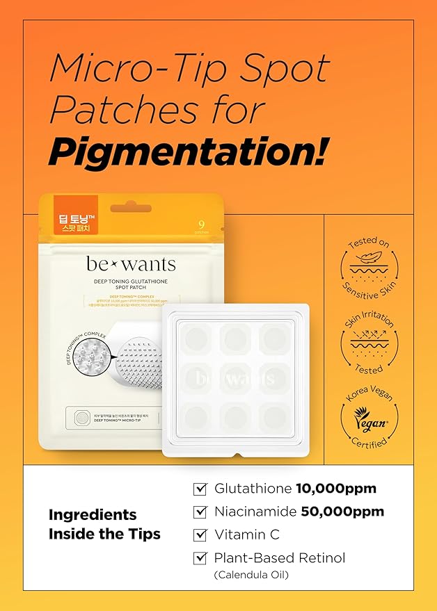 bewants Deep Toning Glutathione Spot Patch – Micro Tip Patches for Skin Elasticity, Texture & Blemish Care, 9 Patches