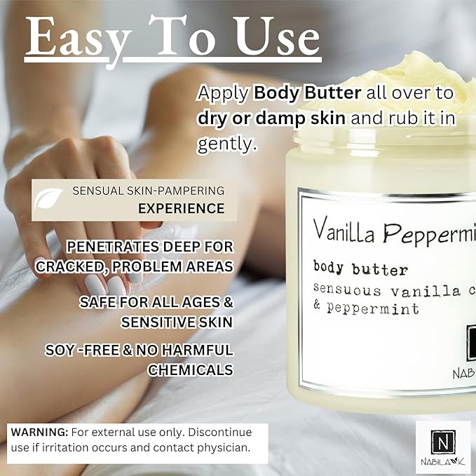 Nabila K Body Butter - Daily Moisturizer for Body Care - Skin Hydrating Deep Moisturizing - Natural Ingredients - Vanilla & Peppermint - 9 oz