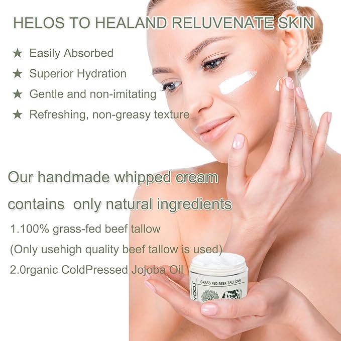 Beef Tallow for Skin, Tallow Face Moisturizer, 100% Organic Beef Tallow Blam Grass Fed Tallow Face Cream Moisturizer Body Lotion Skin Care for All Skin Types