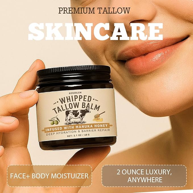 Whipped Tallow Honey Balm, Beef Tallow for Skin Face, 100% Organic Grass-Fed Beef Tallow Balm with Raw Honey, Hydrating Repairing Tallow Face Moisturizer for Dry & Sensitive Skin, Unscented, 2 Oz