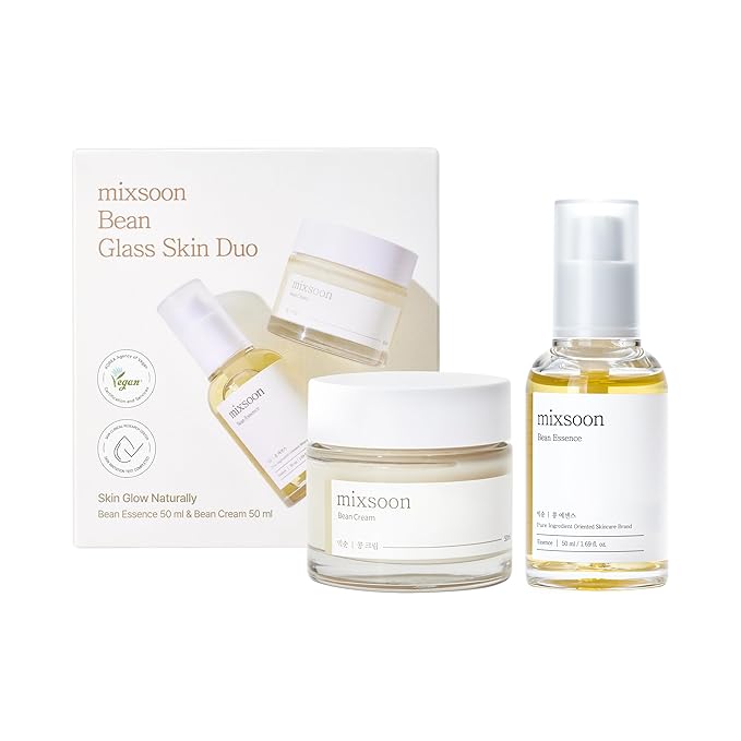 mixsoon Bean Glass Skin Duo Facial Moisturizer Fermented Bean Skincare Routine Bean Essence 50ml + Bean Cream 50ml 3.38 Fl. Oz / 100ml Korean Glass Skin Care