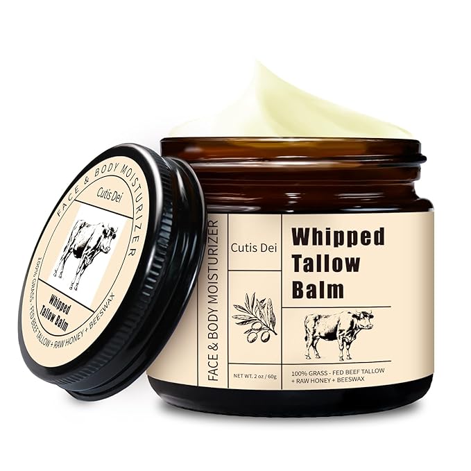 Beef Tallow for Skin, Organic Grass-Fed Beef Tallow Balm for Face & Body, Whipped Tallow and Honey Balm, Deeply Moisturizing for All Skin Types, Natural Formula, Unscent, 2.11 oz
