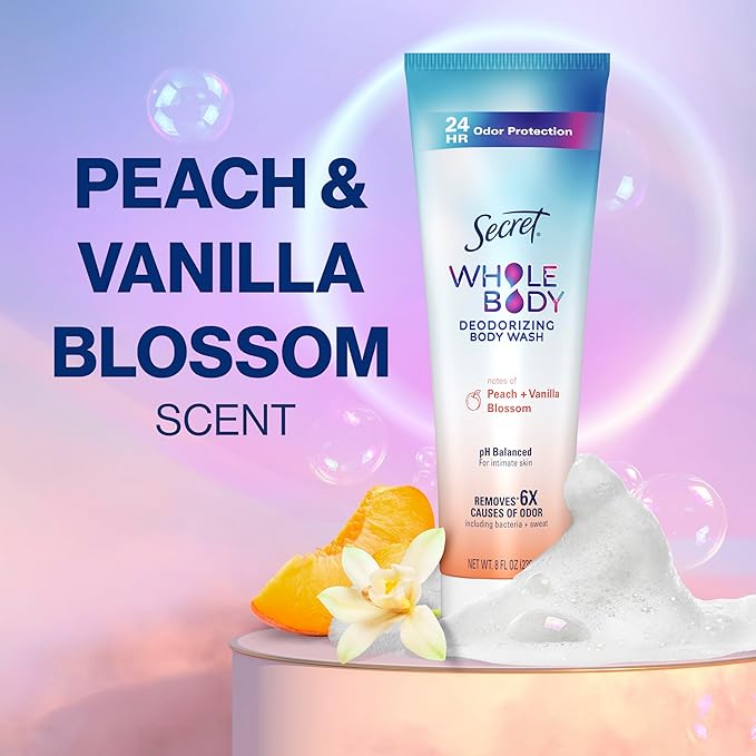 Secret Feminine Wash, 24 HR Deodorizing Feminine Body Wash for Women, Removes 6x Causes of Odor, PH Balanced, Safe to Use Everywhere, Peach & Vanilla Blossom Scent, 8.0 oz, (Pack of 2)