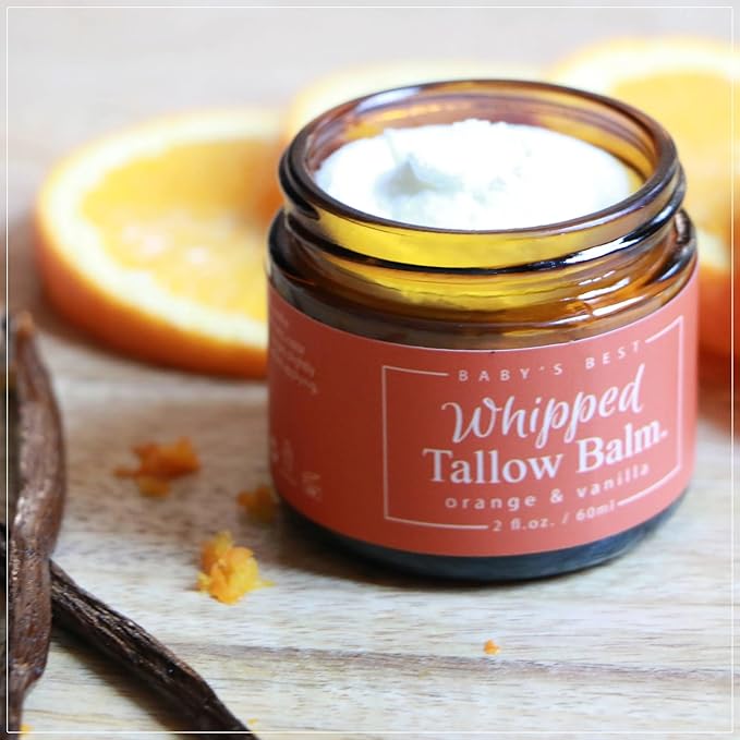 Handmade, 100% Grass-fed Beef Tallow for Skin, Organic Jojoba Oil, Natural Tallow Face Moisturizer for Eczema Relief, Dry Skin, Diaper Rash - 2 oz (Orange & Vanilla)