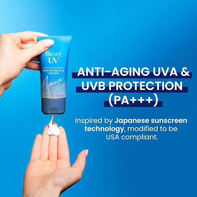 Biore UV Aqua Rich Daily Hydrating Facial Moisturizer with SPF 30 | Oil Free Sunscreen for Sensitive Skin with Hyaluronic Acid, Non-Comedogenic, Dermatologist Tested, 1.7 Oz/3 Pack